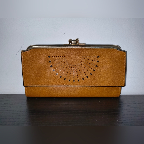 Tan Leather Clutch with Perforated Design - Picture 1 of 5